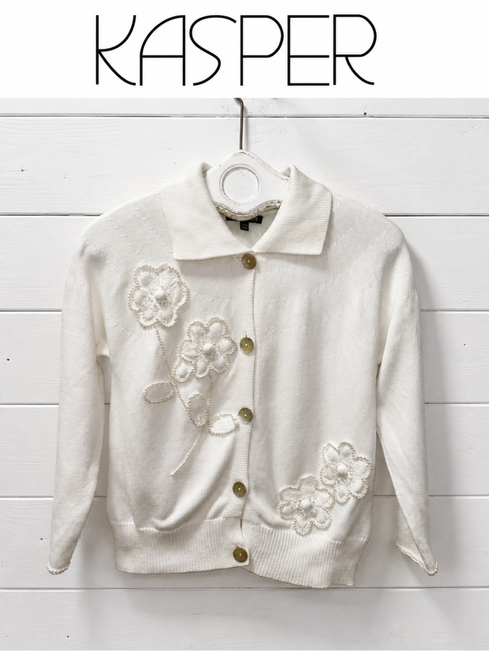 Kasper White Pearl-Embellished Floral Cardigan – Size Medium